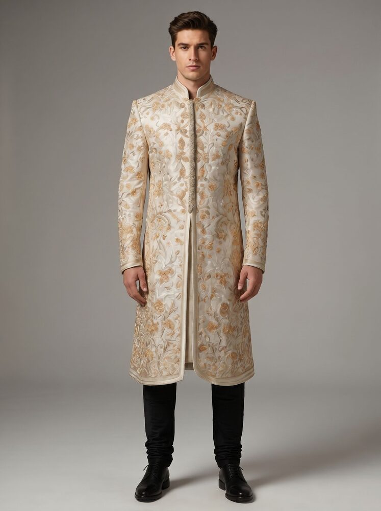 AI virtual sherwani try-on result - a sherwani rendered realistically on a person