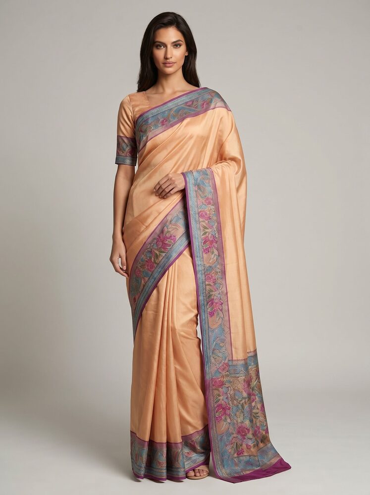 AI virtual saree try-on result - a saree rendered realistically on a person