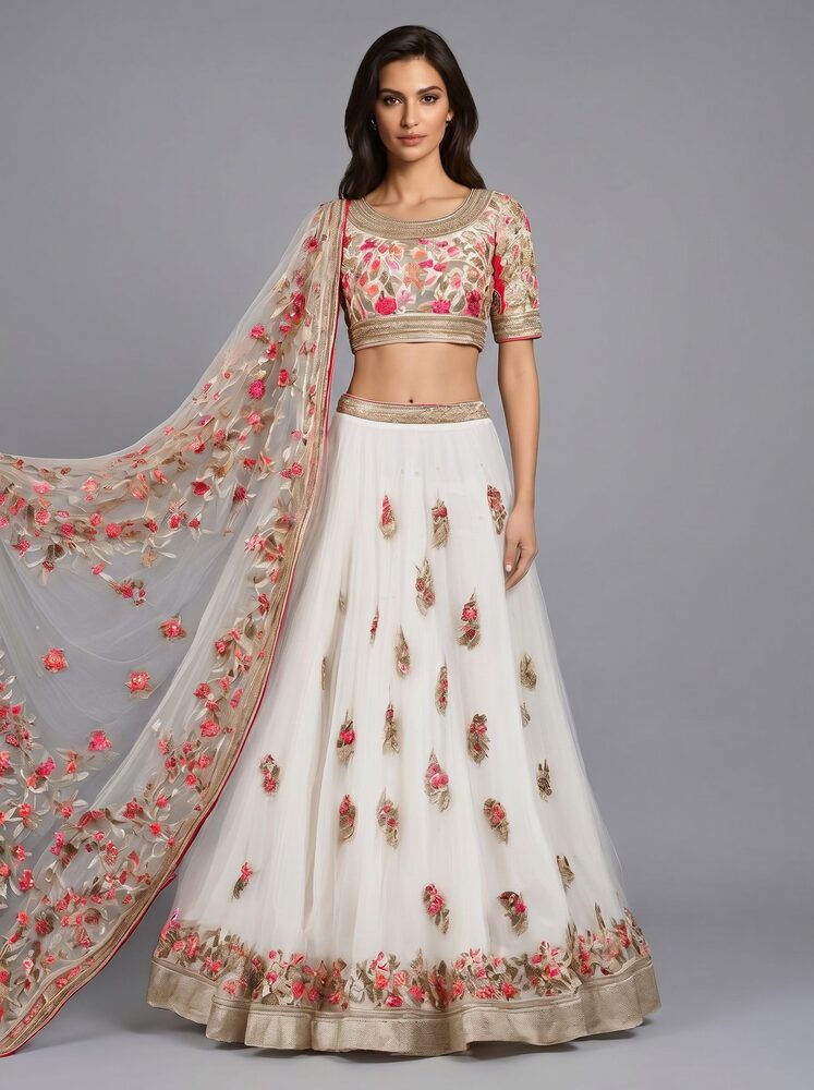AI virtual lehenga try-on result - a lehenga choli rendered realistically on a person